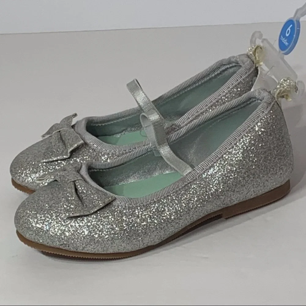 NWT Carter’s Silver Glitter Ballet Flats with a Bow and‎ Strap Embellishment